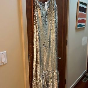 NWT Anthropologie One Shoulder Sequin Dress Silver Cocktail Formal Maxi Size M